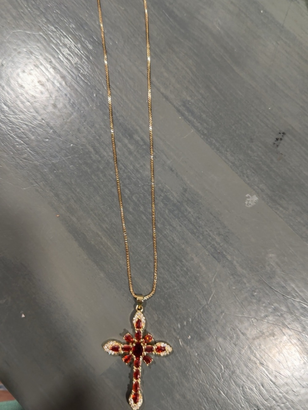 Gold filled Cross Pendant Necklace with Red Gem Accents